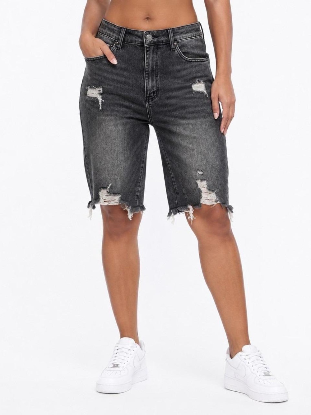 Women’s High-Rise Distressed Bermuda Shorts - Charcoal Black